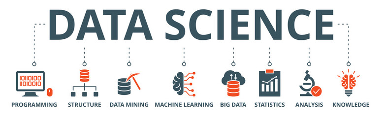 Data science banner web icon vector illustration concept with icon of programming, structure, data mining, machine learning, big data, statistics, analysis, knowledge