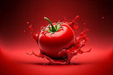 Wall Mural - Close up red delicious fresh tomato with splashing tomato juice or ketchup on red studio background. Food photography. With clipping path. Full depth of field.