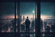 © robroy - бизнесмен стоит перед огромным окном на верхнем этаже небоскреба и смотрит на вечерний город в огнях