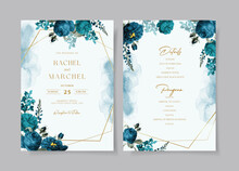 Watercolor Wedding Invitation Template Set With Romantic Teal Floral And Leaves Decoration