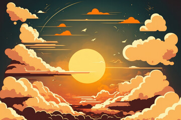 Sticker - clouds in the sunset sky's backdrop. Beautiful landscape with orange sun on sky and clouds. superior photograph. Generative AI