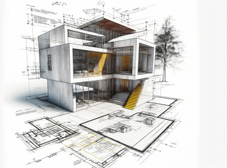 building project plan blueprint of a modern house. Designed using generative ai