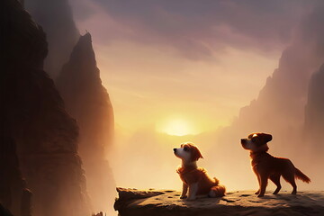 Two Dog Best Friends Looking At The Glowing Sunset created with generative AI technology