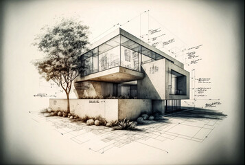 building project plan blueprint of a modern house. Designed using generative ai