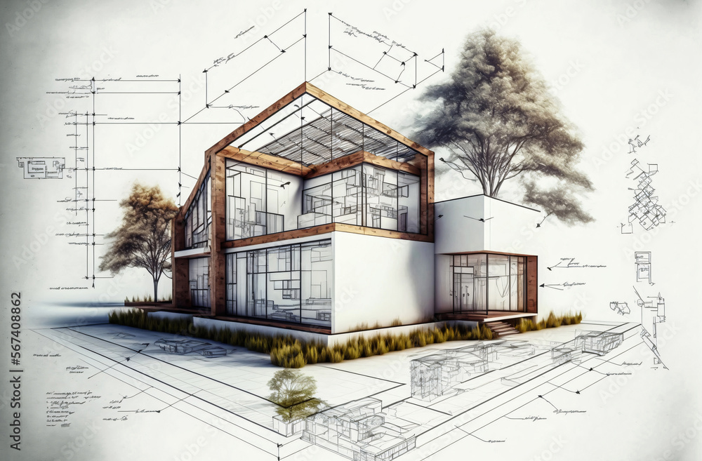ภาพประกอบ Stock building project plan blueprint of a modern house ...