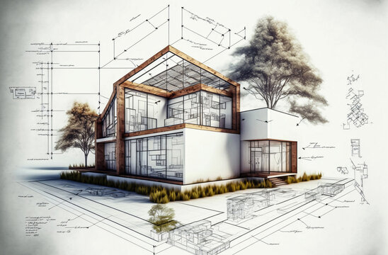 Wall Mural -  - building project plan blueprint of a modern house. Designed using generative ai