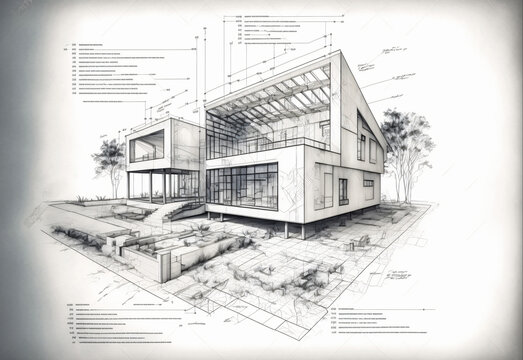 Wall Mural -  - building project plan blueprint of a modern house. Designed using generative ai