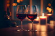 Close-up photo of two glasses filled with red wine on a countertop. Cozy and intimate atmosphere, perfect for a romantic occasion like Valentines day. AI Generative