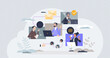 © VectorMine - Team workflow and common project collaboration process tiny person concept. Work flow chain diagram with colleagues interaction and relationship vector illustration. Partner group professional job.