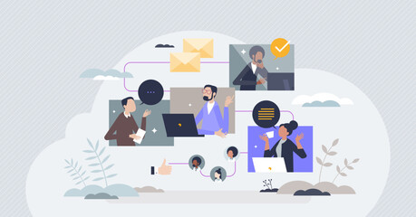 Wall Mural - Team workflow and common project collaboration process tiny person concept. Work flow chain diagram with colleagues interaction and relationship vector illustration. Partner group professional job.
