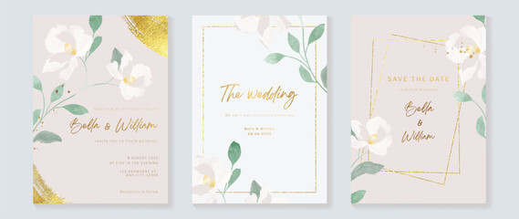 Wall Mural - Luxury wedding invitation card background vector. Watercolor botanical floral leaf branch with golden shimmer geometric frame template. Design illustration for wedding and vip cover template, banner.