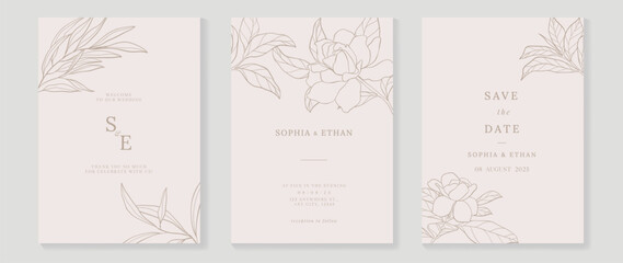 Wall Mural - Luxury wedding invitation card background vector. Decorate with elegant botanical floral leaf branch line art template background. Design illustration for wedding and vip cover template, banner.