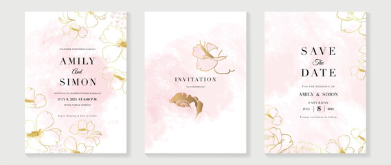 Wall Mural - Luxury wedding invitation card background vector. Elegant botanical flowers gold line art and pink watercolor texture background. Design illustration for wedding and vip cover template, banner.