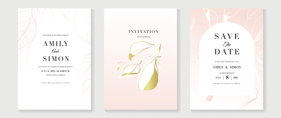 Wall Mural - Luxury wedding invitation card background vector. Elegant botanical leaves line art and gold texture template background. Design illustration for wedding and vip cover template, banner, poster.