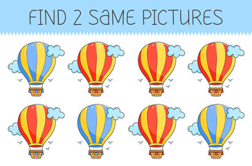 Find two same pictures is an educational game for kids with airship. Cute cartoon airship. Vector illustration.