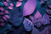 Purple Plant Leaves Creative Background. Colorful Purple Leaves Composition.
