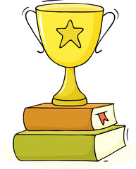 students with school award, trophy cup on books