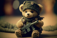 Cute Military Teddy Bear With A Machine Gun. Generative AI