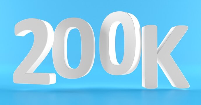 200K Followers. Achievement in 200K followers.200 000 followers background. Congratulating networking thanks, net friends abstract image, customers. 3d rendering. Isolated like and thumbs. Web banner.