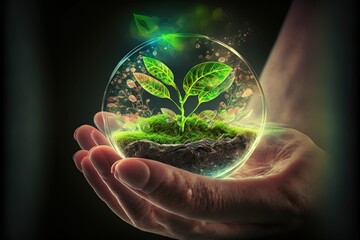 a person holding a small plant in a glass bowl with water and dirt inside it, with a green sprout in