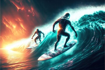  two surfers riding a wave in the ocean at sunset or sunset time, with a red and blue sky in the background and an orange hued background.  generative ai