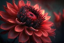  A Large Red Flower With A Black Center On A Black Background With A Red Center On The Center Of The Flower And A Green Center On The Center Of The Flower.  Generative Ai