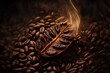  a coffee bean and a leaf on a bed of coffee beans with smoke coming out of the top of the beans on the bottom of the image.  generative ai