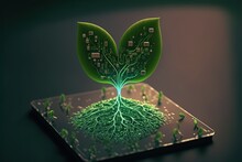  A Green Plant With A Green Leaf On Top Of A Glass Plate With Microchips On It And A Microchips Attached To It. Generative AI
