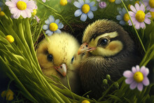 Two Chicks Sits In The Flowers Nest. Generative AI