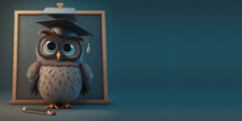 Cute Cartoon Owl In Front Of A Blackboard Banner With Space For Copy (Generative AI)