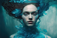Generative AI Illustration Of An Attractive Young Woman Portrait Underwater Floating And Swimming In A Gauzy Dress Moved By Water