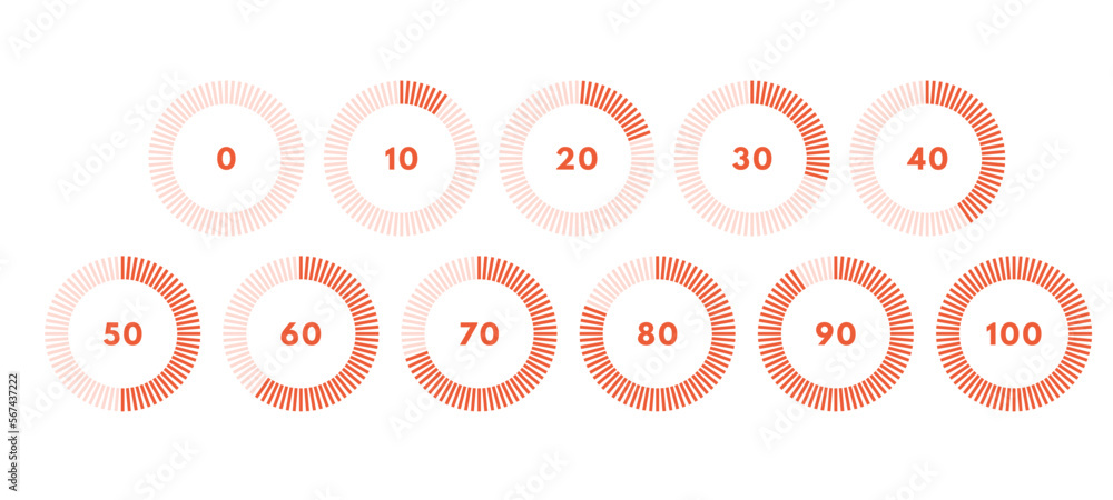 Set of circular progress bar. Timer icon with ten percent interval. Download display. Vector illustration