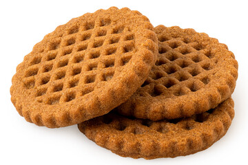 Wall Mural - Pile of three plain round caramel lattice biscuits isolated on white.