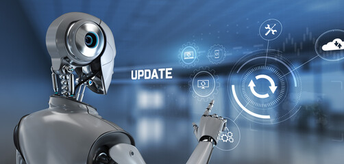 Update system upgrade install. Robot pressing button on screen 3d render.