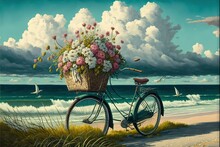  A Painting Of A Bicycle With A Basket Of Flowers On The Front Of It On A Beach With Birds Flying In The Sky Above It.  Generative Ai