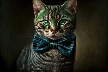 Wall Mural -  a painting of a cat wearing a blue bow tie with green eyes and a black background with a black background and a black background with a black background.  generative ai