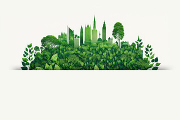 Wall Mural - Ecology concept sustainability city landscape made from leaves, eco illustration design with space for text, generative ai