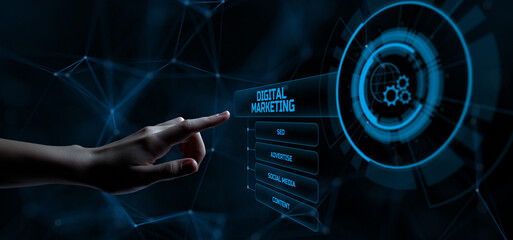 Wall Mural - DIgital marketing online internet SEO SEM SMM. Hand pressing button on screen.