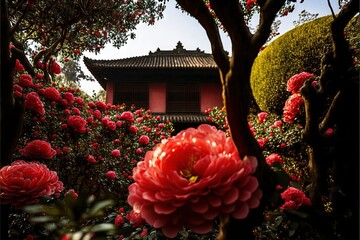 Sticker -  a red flower in a garden with a building in the background and trees in the foreground with red flowers in the foreground and a blue sky.  generative ai