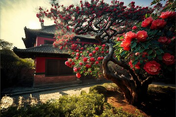 Sticker -  a tree with red flowers in front of a red building with a pagoda in the background with a sun shining through the clouds in the sky.  generative ai