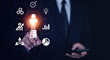 © Suriyo - Businesspeople touching on screen to target customer. Target customer, buyer persona, customer behavior concept. Marketing plan and strategies. Personalization marketing, customer centric strategies.