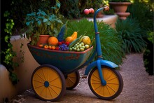  A Blue Bicycle With A Basket Of Fruit In It's Front Wheelbarrow On A Path Near A Garden Area With Potted Plants.  Generative Ai