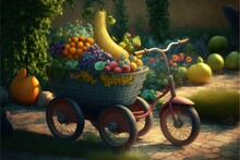  A Painting Of A Bike With A Basket Of Fruit On The Back Of It And A Banana On The Front Of The Bike, And A Bunch Of Fruit In The Back.  Generative Ai