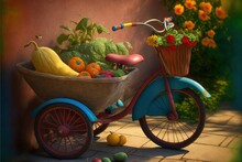  A Painting Of A Bike With A Basket Of Fruit And Vegetables In It, Sitting On A Tile Floor In Front Of A Flower Garden.  Generative Ai