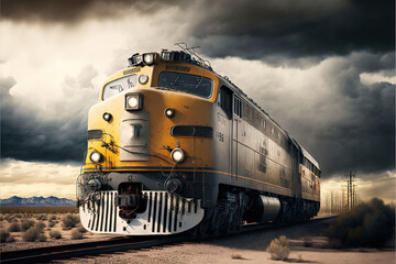 Poster -  a yellow train traveling down train tracks under a dark sky with storm clouds in the background and a mountain in the foreground with trees and bushes in the foreground.  generative ai