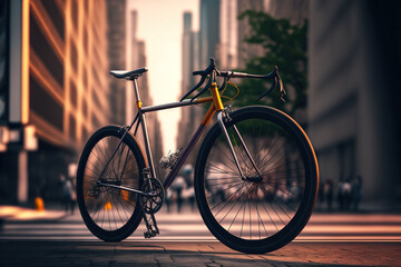 Sticker -  a bike parked on the side of a street next to tall buildings in a city with tall buildings in the background and a street sign in the foreground.  generative ai