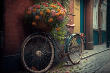 Sticker -  a bicycle with a basket full of flowers parked on the side of a street next to a brick building with a flower box on the front of the bike.  generative ai