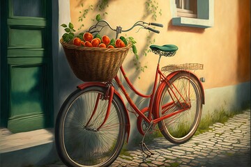 Sticker -  a painting of a red bicycle with a basket full of oranges on the front of the bike, with a green door and window in the background.  generative ai