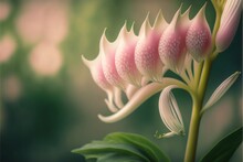  A Close Up Of A Pink Flower With Green Leaves In The Foreground And A Blurry Background In The Back Ground Of The Image.  Generative Ai