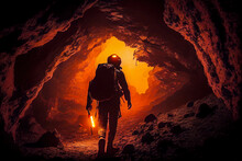 Man Exploring The Cave Deep Under Earth. Generative AI